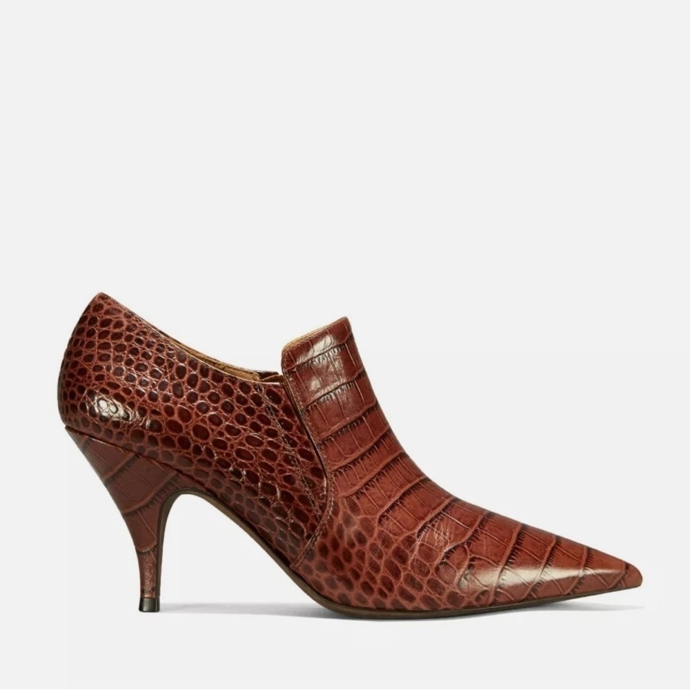Tory Burch Georgina Pointed Toe Leather Heeled Loafer Bootie Brown Crocodile‎ 8